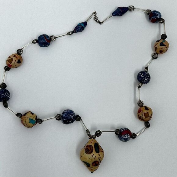 Vintage Handmade Statement Necklace Beaded Jewelry Chunky 24” - Picture 2 of 12